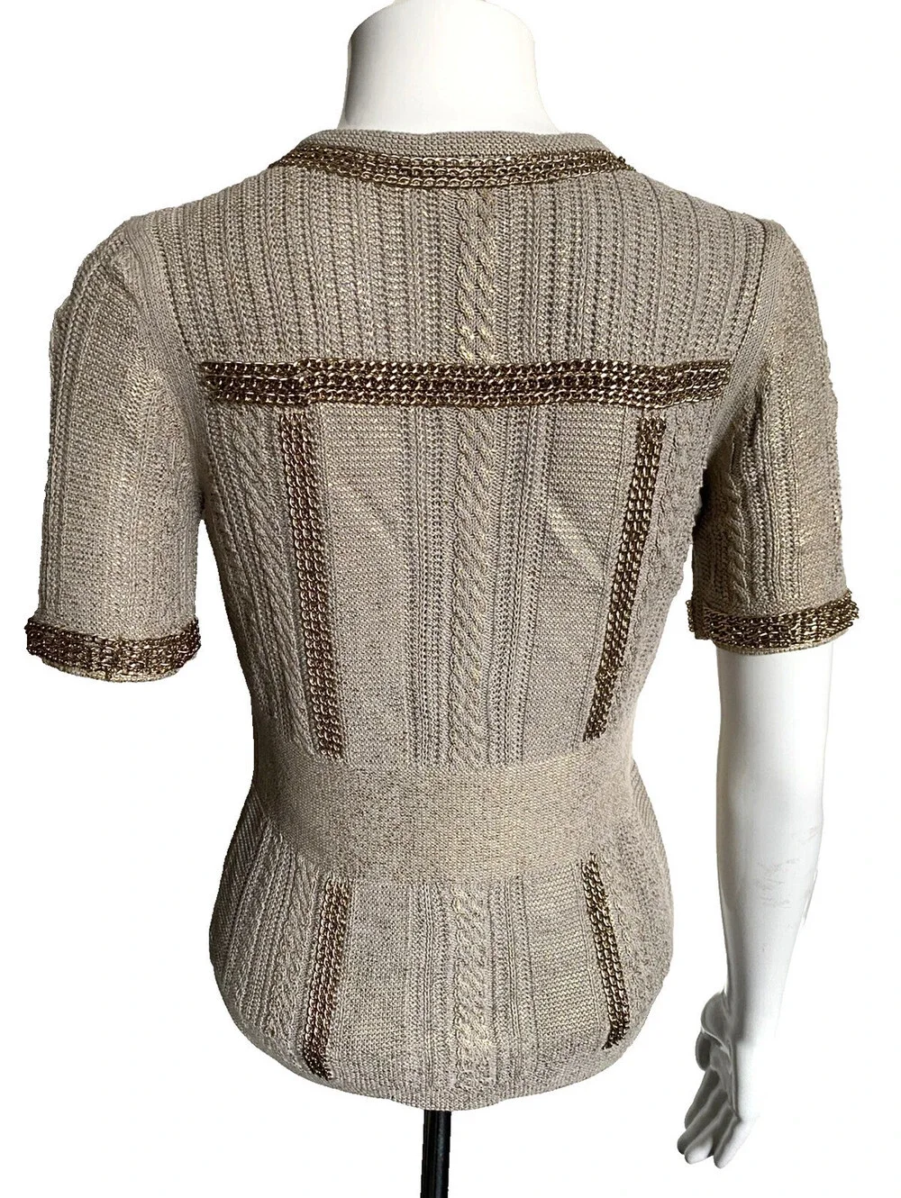 08P CHANEL FR-36 Metallic Knit Short-Sleeve Cardigan Top Gold Chain Trim Pockets